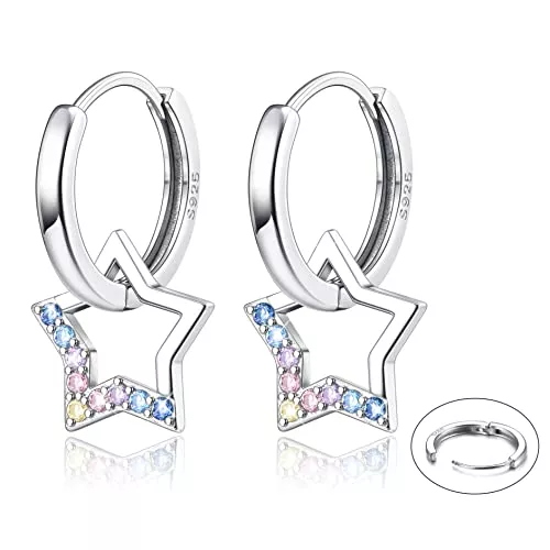 Adramata Schmuck Adramata Damen Ohrringe Silber 925 Hängend Tropfen Hängend Ohrringe Stern Ohrringe Creolen Silber 925 Ohrhänger Modische Creolen mit Anhänger Silber Ohrringe für Mädchen Kinder Geschenk für Mädchen