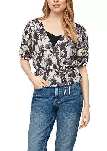 s.Oliver Kurzarmblusen Q/S designed by - s.Oliver Damen V-Shirt mit Durchzugkordel