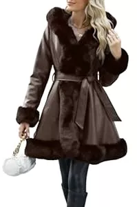 Giolshon Mäntel Giolshon Langer Damen Oberbekleidung aus Kunstleder und Wollimitat mit Gürtel Fleece Kleid Warmer Winter Sherpa Parka