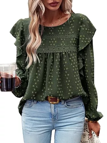 MYCOLORBLUE Langarmblusen MYCOLORBLUE Blusen Tuniken für Damen Elegant Rüschenärmel Swiss Dot Spitzenbesatz Vorne Falten Streetwear Rundhals Hemdbluse