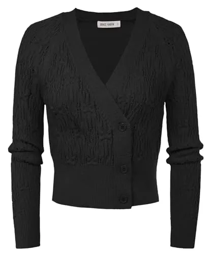 GRACE KARIN Strickjacken GRACE KARIN Damen Strickjacke Kurzer Herbst Langarm Elegant Wickelpullover Trachtenjacke Strickpullover mit knöpfe