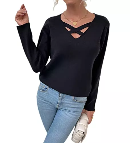 Acramy Pullover & Strickmode Acramy Damen Pullover Langarm Winter Sweatshirt V-Ausschnitt Strickpullover