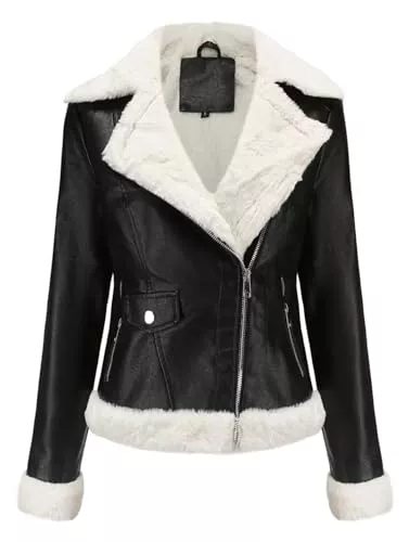 MorFansi Jacken MorFansi Damen Lederjacke Plüsch PU Kurze Winterjacke Langarm Reißverschluss Reverskragen Jacken Motorradjacke