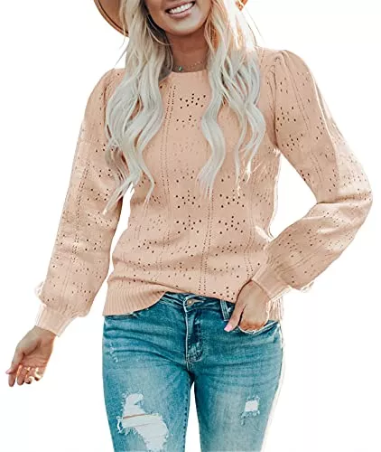 Foshow Pullover & Strickmode Foshow Damen-Pullover, Herbst, Puff, langärmelig, weich, gepunktet, Rundhalsausschnitt, leicht, ausgehöhlt, Strickpullover