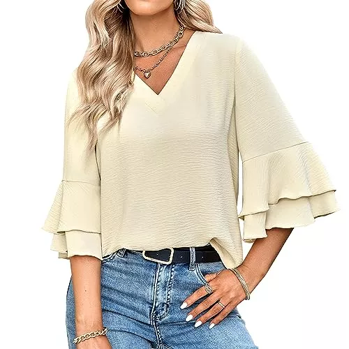 Tanmolo Langarmblusen Tanmolo Damen Bluse Elegant V-Ausschnitt 3/4 Ärmel Lässige Blusen mit Rüschenärmel Tunika Tops M-3XL