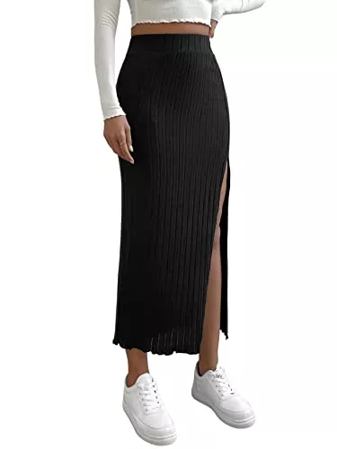 GORGLITTER Röcke GORGLITTER Damen Lange Rock Hohe Elastiche Bund Maxirock mit Schlitz Vintage Freizeitrock Wellensaum Röcke