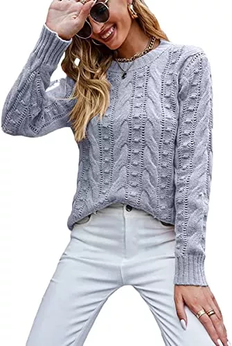 Minetom Pullover & Strickmode Minetom Pullover Damen Strickpullover Langarm Rundhals Feinstrick Häkelpullover Elegante Lässige Lose Einfarbig Casual Pulli Oberteile Stricktop Pullover Sweater