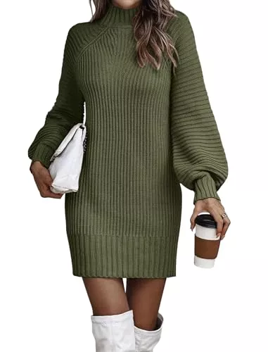 Neitooh Freizeit Neitooh Strickkleid Damen Winter Puff Ärmel Rollkragen Minikleid für Damen, Winterkleid Elegant Hohe Elastizität Pulloverkleid Damen Herbst Winter