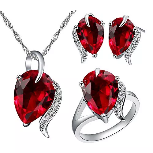Uloveido Schmuck Uloveido mode hochzeitstag schmuck set für frauen birnenform rot lila kristall halskette ohrstecker ring schmuck set für mädchen t300