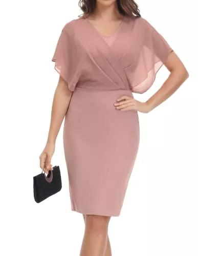 CURLBIUTY Cocktail CURLBIUTY Damen Chiffon Bodycon Kleid V-Ausschnitt Cape Ärmel Patchwork Cocktailkleider Hochzeit