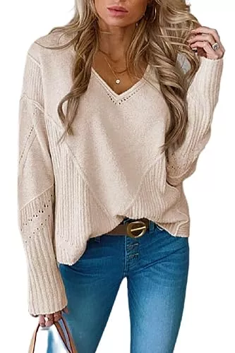 Tankaneo Pullover & Strickmode Tankaneo Damen Sweatshirt Strick Pullover Soild V-Ausschnitt Lose Langarm Lose Pullover Tops