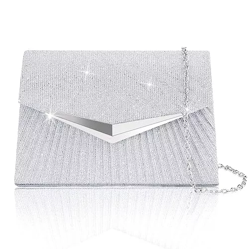 Larcenciel Taschen & Rucksäcke Larcenciel Clutch Silber, Damen Pailletten Abendtasche mit Abnehmbarer Kette, Elegant Crossbody Handtasche Funkelnde Trapezförmige Schultertasche Umhängetasche für Hochzeit, Bankett (21x5x13cm)