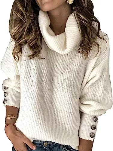 Wenrine Pullover & Strickmode Wenrine Damen Rollkragen Pullover Winter Langarm Lose Strickpullover Casual Warm Gestrickt mit Metallknöpfen