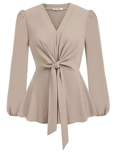 GRACE KARIN Langarmblusen GRACE KARIN Damen Elegant Tops Kurze Glockenärmel V-Ausschnitt Oberteile A-Linie Elastische Taille Casual Shirts Rüschen Bluse