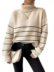 GORGLITTER Pullover & Strickmode GORGLITTER Pullover Mit Streifen Damen Strickpullover Herbst Grobmaschiger Pullover Sweatshirt Mit Streifen Pullover Mit Rollkragen