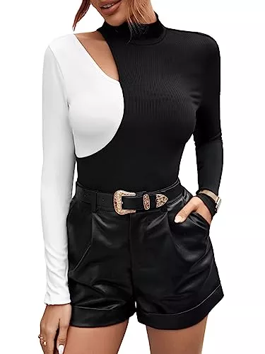 GORGLITTER Langarmshirts GORGLITTER Damen Langarmshirt Cut Outs T-Shirt Farbblock Herbstshirt Leicht Pollover mit Stehkragen