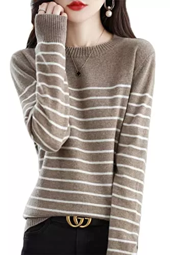 LINY XIN Pullover & Strickmode LINY XIN Damen Pullover mit Rundhalsausschnitt 100% Merinowolle Winter Warm Weich Gestreift Gestrickt Langärmlig