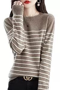LINY XIN Pullover & Strickmode LINY XIN Damen Pullover mit Rundhalsausschnitt 100% Merinowolle Winter Warm Weich Gestreift Gestrickt Langärmlig