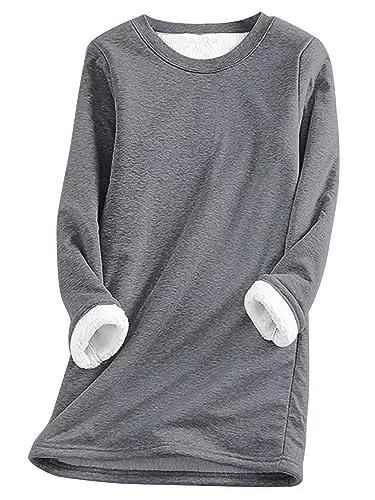 Hormtaer Pullover & Strickmode Hormtaer Damen Teddy Fleece Sweatshirt Warmes Sherpa Gefüttertes Pullover Winter Casual Langarmshirt Obertei Einfarbig Thermounterwäsche