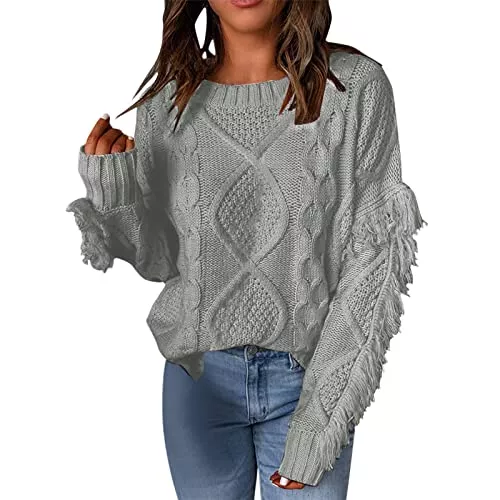 Zldhxyf Pullover & Strickmode Zldhxyf Strickpullover Damen Rundhals Damenpullover Zopfmuster Pullover Grob Pullover Winter Warm Strickpullover Tops Langarm Weihnachtspulli können Zierknöpfe Winterpullover mit Fransen