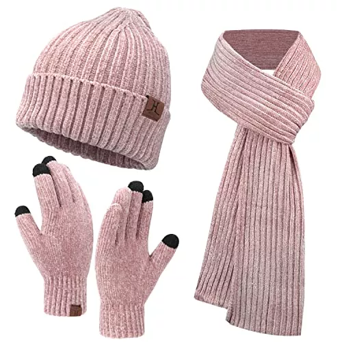 Bequemer Laden Hüte & Mützen Damen Winter Warm Beanie Mütze Lang Schal und Touchscreen Handschuhe Set, Cord Mützen Strickmütze Schlauchschal Winterhandschuhe