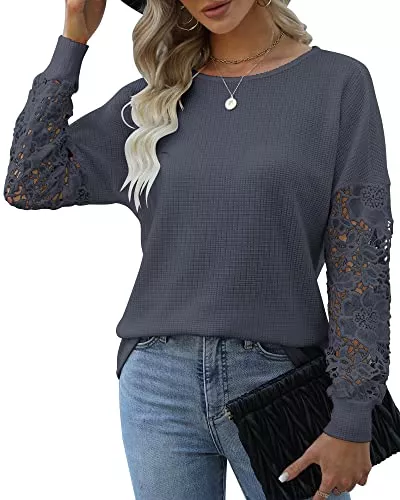 Hount Langarmshirts Hount Damen Spitze Bluse U-Boot Ausschnitt Pullover Langarmshirt Elegant Oberteile Tunika