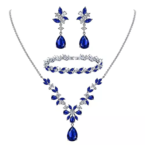 Clearine Schmuck Clearine Hochzeit Zirkonia Schmuckset für Braut Brautjungfern Kristall Tropfen Anhänger Halskette, Tennis Armband und Kronleuchter Blatt Baumeln Ohrringe für Damen Klar Silber-Ton