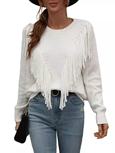 AMOMA Pullover & Strickmode AMOMA Damen Pullover mit Rundhalsausschnitt Langen Ärmeln Gerippter Strickpullover mit V-Quaste