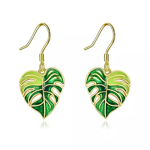 POPLYKE Schmuck POPLYKE Bohemian Green Leaf Ohrringe für Frauen Tropische Monstera Dangle Drop Ohrringe Boho Vaction Schmuck