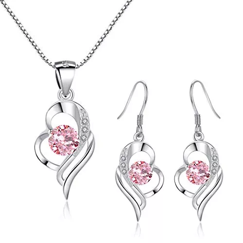 Kamise Schmuck Kamise Schmuck Set Damen Silber 925, Liebe Silberkette &amp; Haken Ohrringe Hängend Set mit Rosa Zirkonia, Herz Halskette und Haken Ohrhänger, Romantic Geschenk mit Geschenkbox für Mutter Frau Freundin