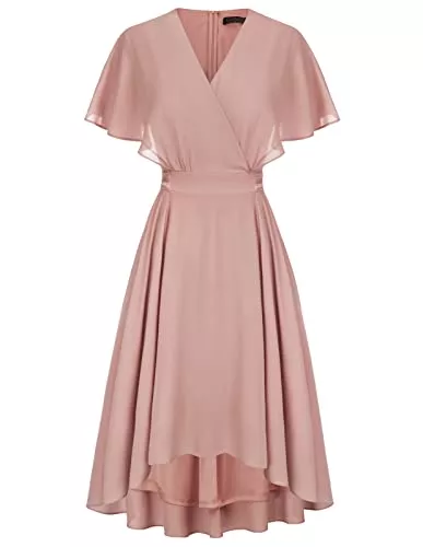 CURLBIUTY Cocktail CURLBIUTY Damen Elegant Chiffon Kleid V-Ausschnitt Cape Ärmel A-Linie Cocktailkleid Hochzeit