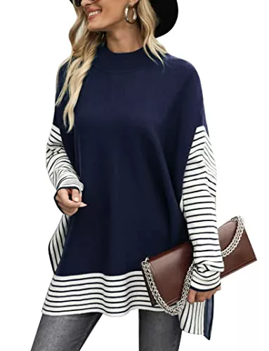 Migcaput Pullover & Strickmode Migcaput Damen Pullover Oversized Langarm Rundhals Fledermausärmel 2023 Gestreifter Jumper Rippstrick Sweater Seitenschlitz Strickpullover