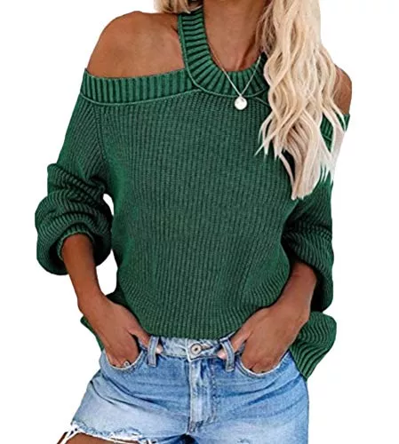 Onsoyours Pullover & Strickmode Onsoyours Pullover Damen Sweatshirt Schulterfrei Langarmshirt einfarbig Sweater Strickpullover Strickpulli Mode Winterpullover Tunika Tops