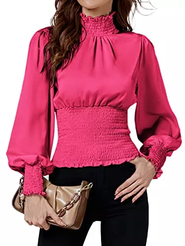 LYANER Langarmblusen LYANER Damen Bluse mit gerafften Rüschen, Stehkragen und gesmoktem Puffärmel, langärmelig