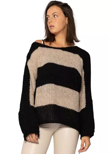 SASSYCLASSY Pullover & Strickmode Weicher Strickpullover Damen oversize - Made in Italy - Langarm Pullover Damen Herbst - weiter Rundhals Ausschnitt - Pulli Sweater bunt Damenpullover langarm - Frauen Grobstrickpullover Winter