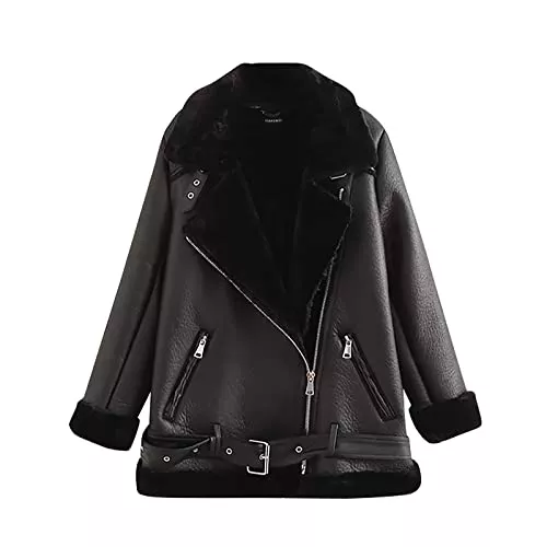 Ansenesna Jacken Ansenesna Leder Jacke Damen Gefüttert Warm Lederjacke Damen Winter Innenfutter Winterjacke Fellkragen Innen Mit Fell Fleece Jacke Reißverschluss