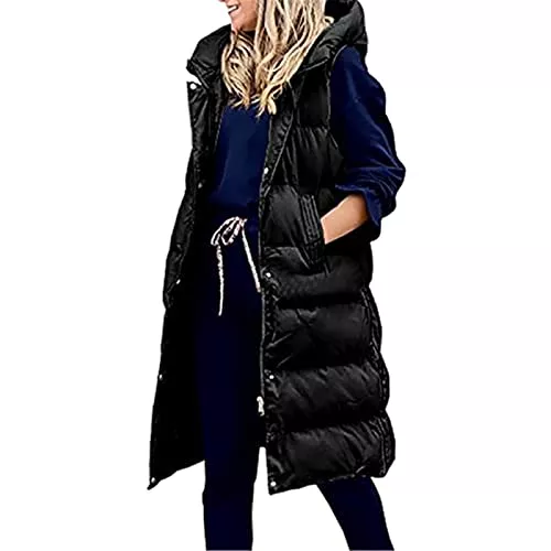 Yeehliny Westen Yeehliny Steppweste Damen Lang Lässige Einfarbige Schlanke Langweste Mit Kapuze Winddichte Warm Westen Freizeit Winterweste Leichte Kapuzenweste Steppmantel Windbreaker Sportweste Damen-Westen