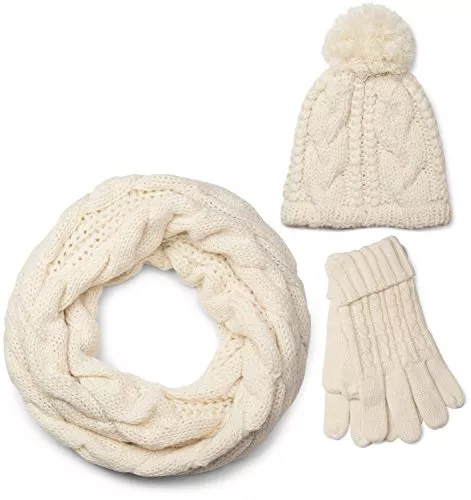 styleBREAKER Hüte & Mützen styleBREAKER Schal, Mütze und Handschuh Set, Zopfmuster Strickschal mit Bommelmütze und Handschuhe, Damen 01018208