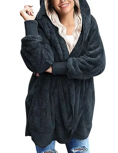 Zeagoo Strickjacken Zeagoo Damen Mantel Plüschjacke Frau Wintermantel Kurzmantel Warm Cardigan Kapuzenjacke mit Taschen Winterjacke S-XXL