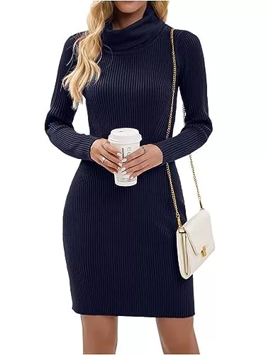 Imuedaen Freizeit Imuedaen Strickkleid Damen Rollkragen Elegant Langarm Tunika Pullikleid Lang Strickpullover Minikleid Pullover für Herbst Winter