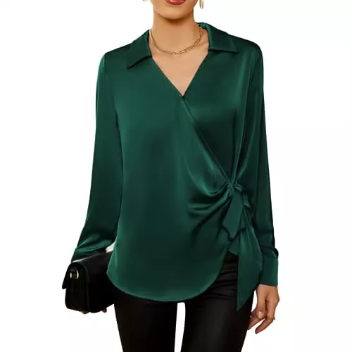 GRACE KARIN Langarmblusen GRACE KARIN Damen Casual Satin Top Langärmeliges Satinblusentop mit V-Ausschnitt und linker Schleife