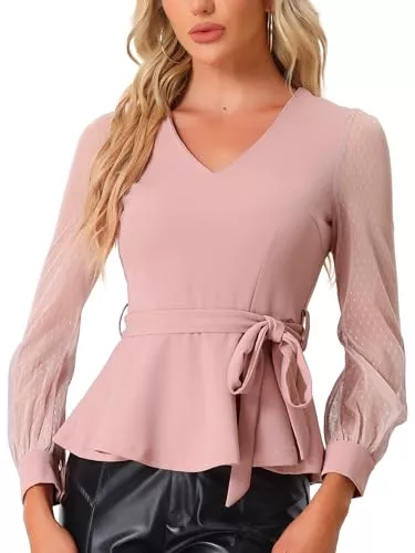 Allegra K Langarmblusen Allegra K Damen Langarm V-Ausschnitt Mesh Stern Rüschen Bindegürtel Oberteil Top Bluse