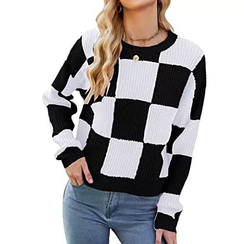 Greensen Pullover & Strickmode Damen Karierter Strickpullover Grundlegender Rundhalsausschnitt Lange Ärmel Pullover Pullover Lockere Lässige Kurze Strickwaren