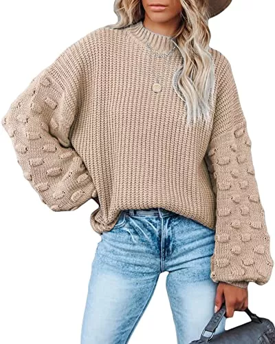 Gemijacka Pullover & Strickmode Gemijacka Damen Pullover Rundhals Oversized Strickpullover Swiss Dot Breite Ärmel Sweater Gestrickt Oberteil für Herbst Winter