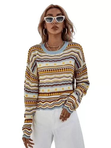 GORGLITTER Pullover & Strickmode GORGLITTER Pullover Damen Herbst Strick Pullover Mit Streifen Strickpullover Grobmaschig Häkelpullover Bunt Langarmshirt