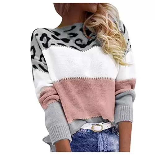 Generic Pullover & Strickmode Pullover Damen Leopard Strickpullover Langarm Rundhals Sweater Patchwork Sweatshirt Herbst Winter Elegant Pulli Warme Lose Blusen Oberteile Tops