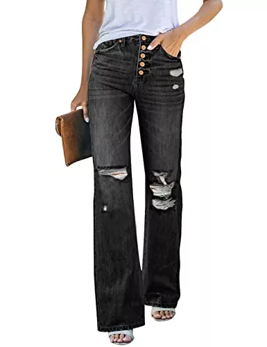 Roskiky Jeans Roskiky Jeans Damen High Waist Schlaghose Damen Jeans mit Löchern Stretch Baggy Jeans