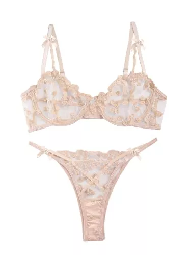 Lilosy Unterwäsche & Dessous Lilosy Sexy Underwire Strappy Eyelash Floral Lace Sheer Lingerie Set for Women See Through Bra and Panty 2 Piece