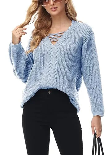 TrendiMax Pullover & Strickmode TrendiMax Damen Pullover V-Ausschnitt Strickpullover Zopfstrick Langarm Winter Pullis Casual Sweater Tops Outwear