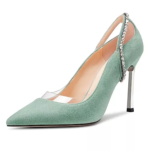 Saekcted High Heels Saekcted Damen Stiletto Hoher High Absatz Heel Spitze Zehenkappe Pumps Slip-on Diamant Kristall Party Glitzer Clear Sommer 10 cm Heels